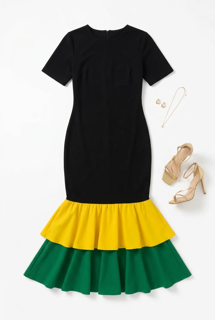 Jamaica Empress Dress – Black Bodycon Midi with Yellow & Green Ruffles | Bronxinit Boutique
