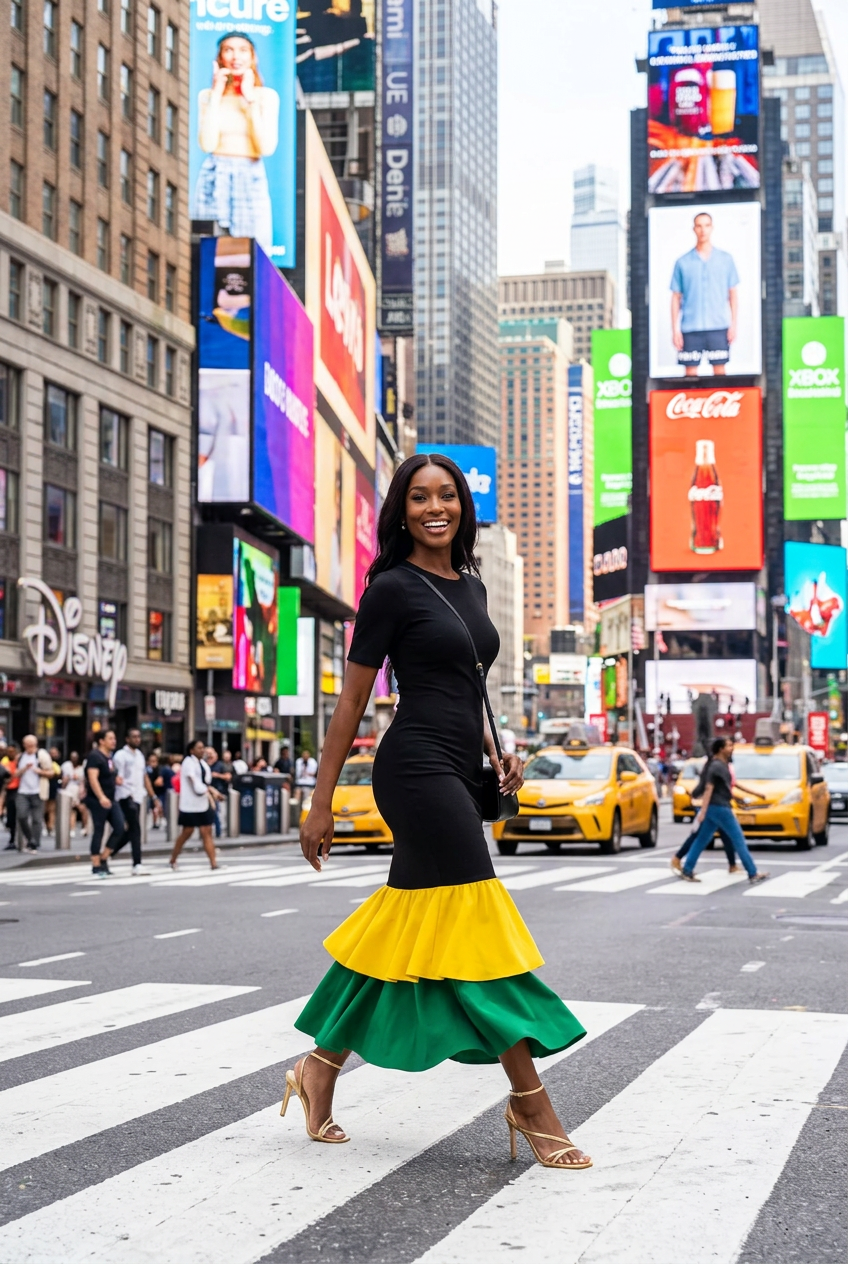 Jamaica Empress Dress – Black Bodycon Midi with Yellow & Green Ruffles | Bronxinit Boutique