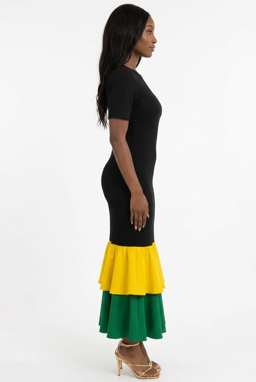 Jamaica Empress Dress – Black Bodycon Midi with Yellow & Green Ruffles | Bronxinit Boutique