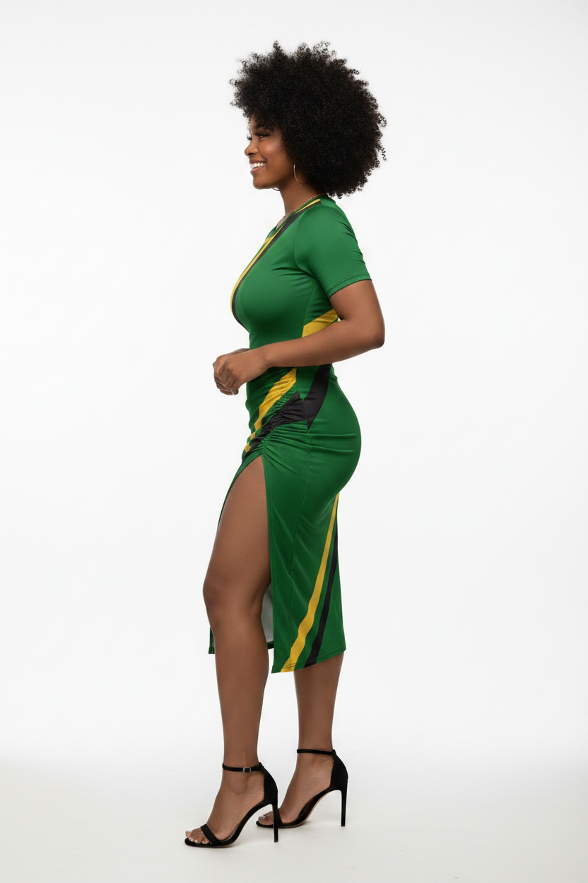Woman wearing a green dress with yellow accents on a white background