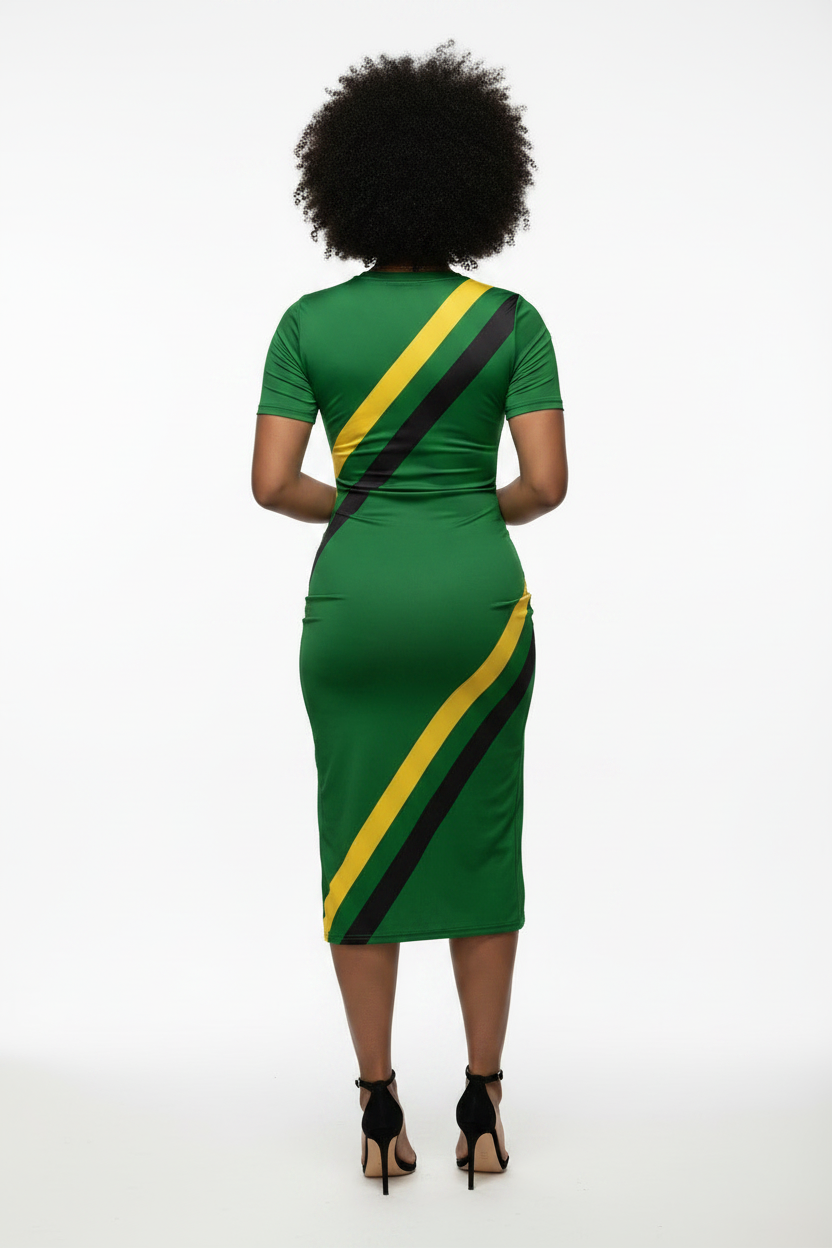 Person wearing a green dress with yellow and black diagonal stripes on a white background