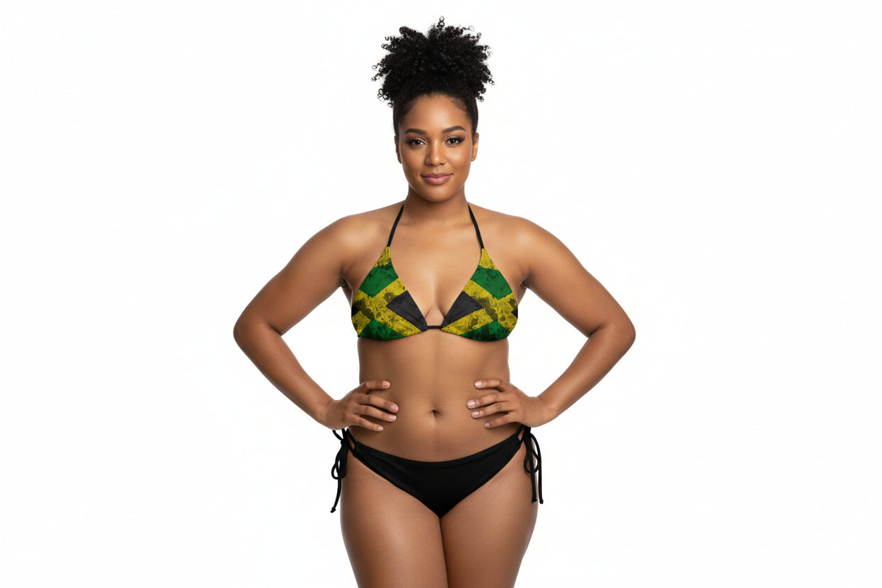 Bikini set with Jamaican flag design on a Plus size model white background