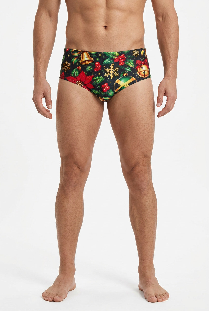 A man modeling a pair of men's swim briefs with a festive Christmas print featuring red poinsettias, green holly leaves, gold bells, and gift boxes on a dark background, against a plain white studio backdrop.
