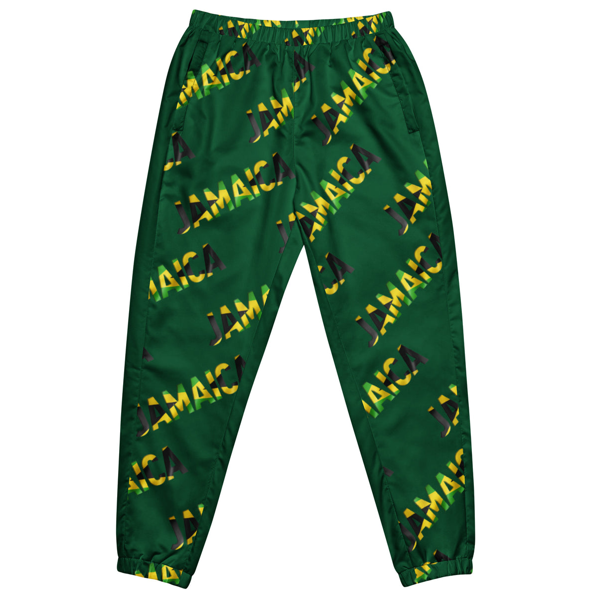 A pair of men's polyester track pants with a green base and yellow and green patterned design, featuring elastic ankle cuffs and a drawcord.