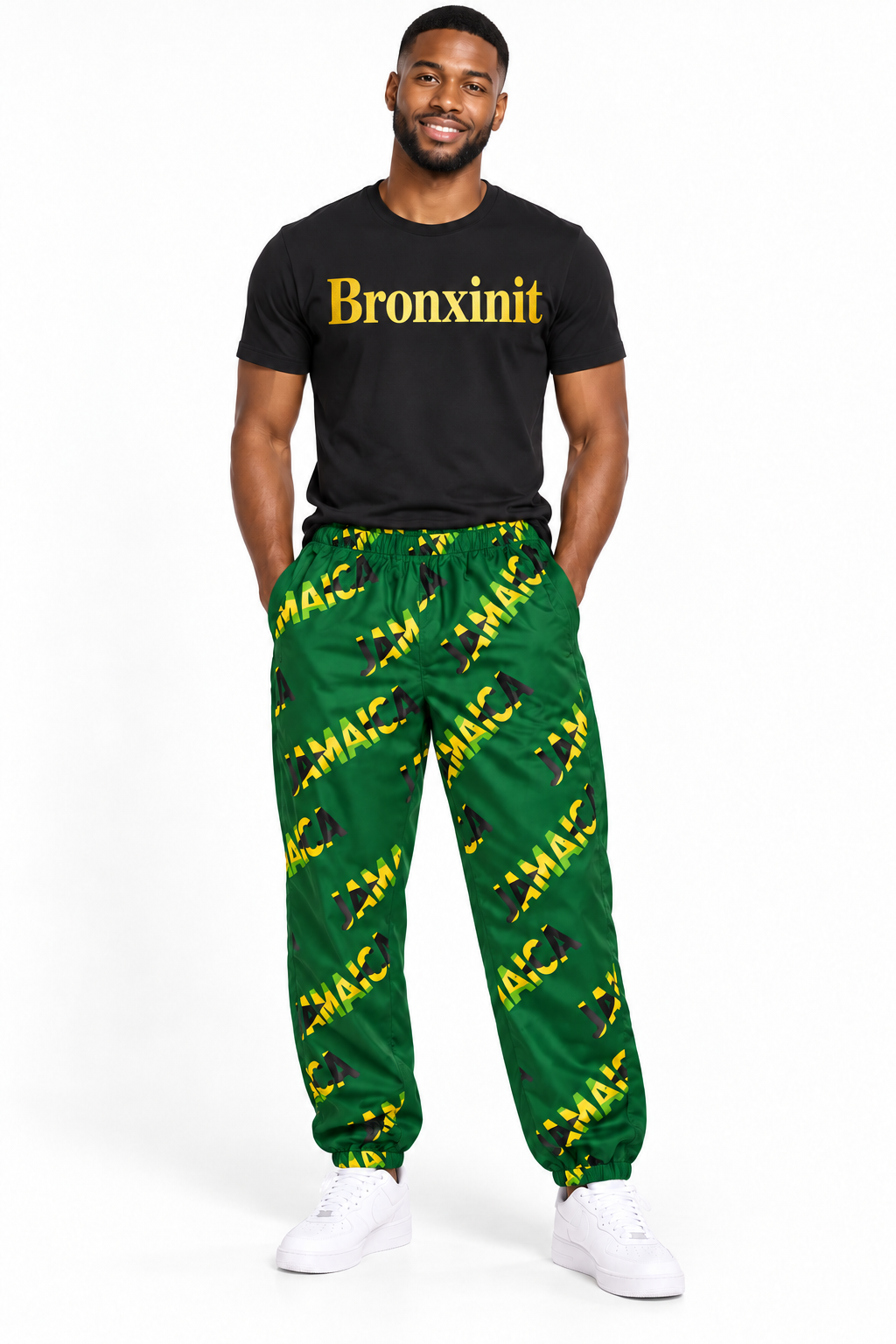 Jamaica Men’s Track Pants – Green Jamaican Print Joggers | Yardie Pride by Bronxinit