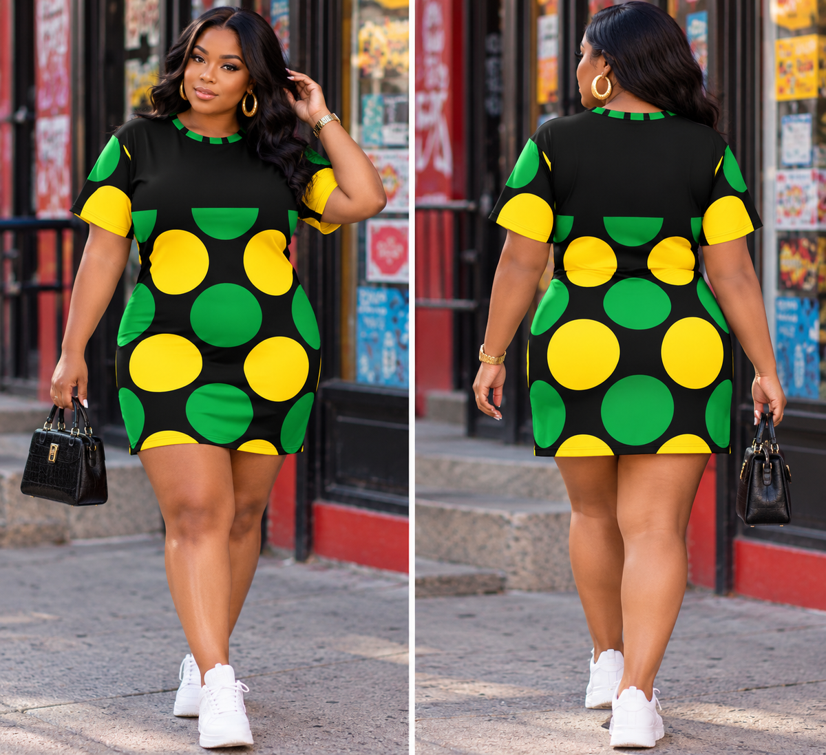 Jamaica Dot Vibes T-Shirt Dress | Black Green & Gold Polka Dot Mini Dress | Jamaican Inspired Dress by Bronxinit