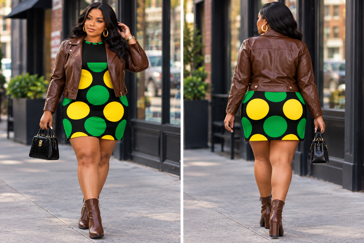 Jamaica Dot Vibes T-Shirt Dress | Black Green & Gold Polka Dot Mini Dress | Jamaican Inspired Dress by Bronxinit