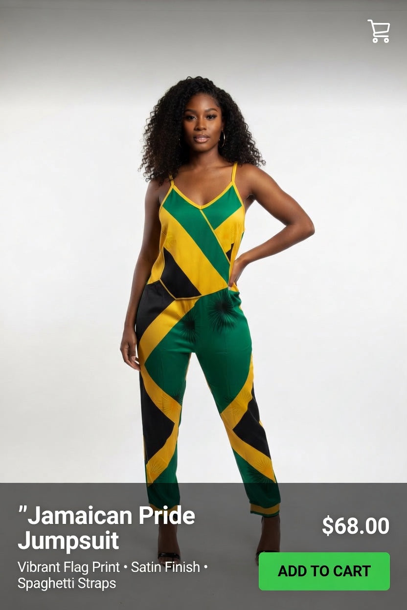 Woman wearing a Jamaican pride jumpsuit with a plain background
