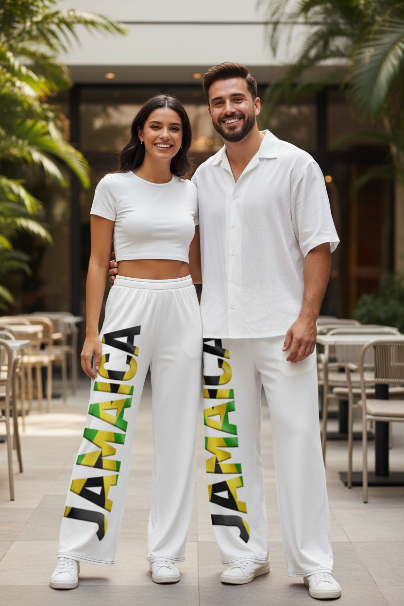 White Jamaica  Print  Unisex Wide-Leg Pants