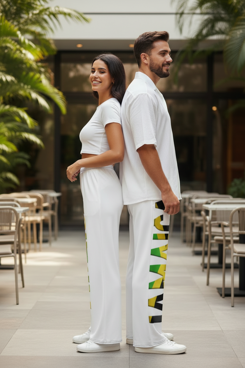 White Jamaica  Print  Unisex Wide-Leg Pants