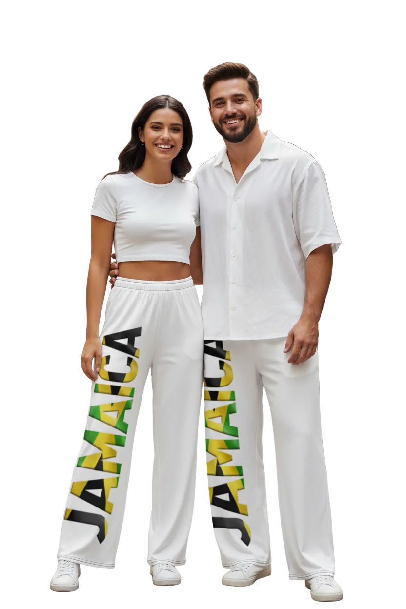 Couple wearing white unisex Jamaica flag sweatpants with vertical lettering in black, green, and yellow - Bronxinit Boutique