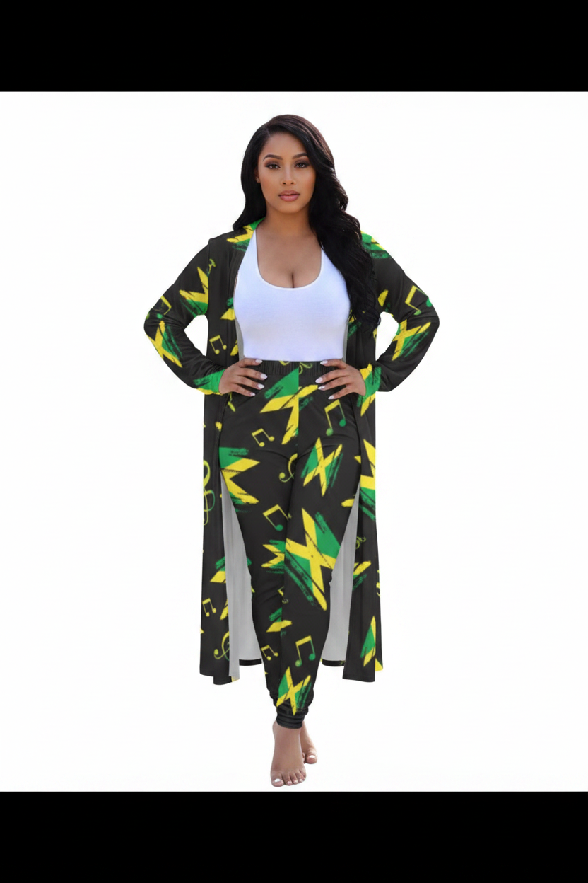 Woman wearing a colorful outfit with a pattern resembling the Jamaican flag on a white background