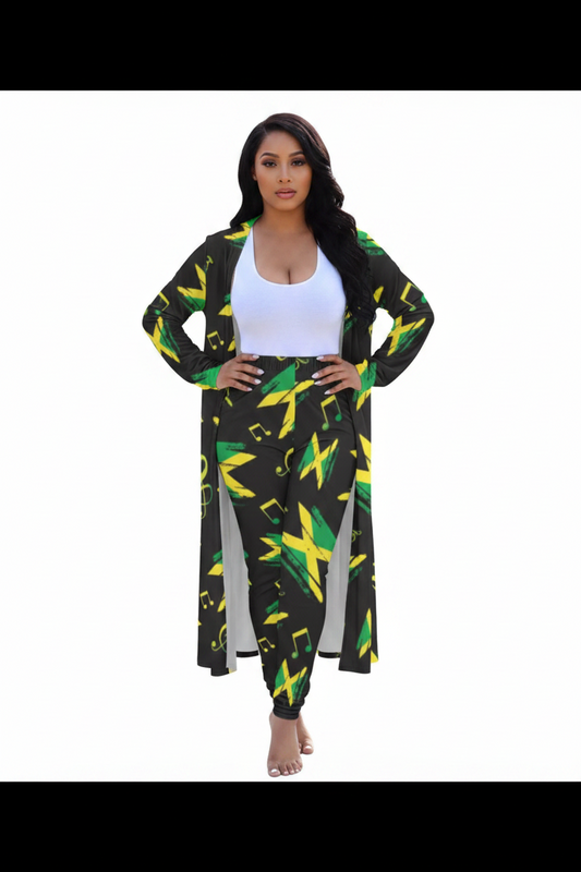 Woman wearing a colorful outfit with a pattern resembling the Jamaican flag on a white background