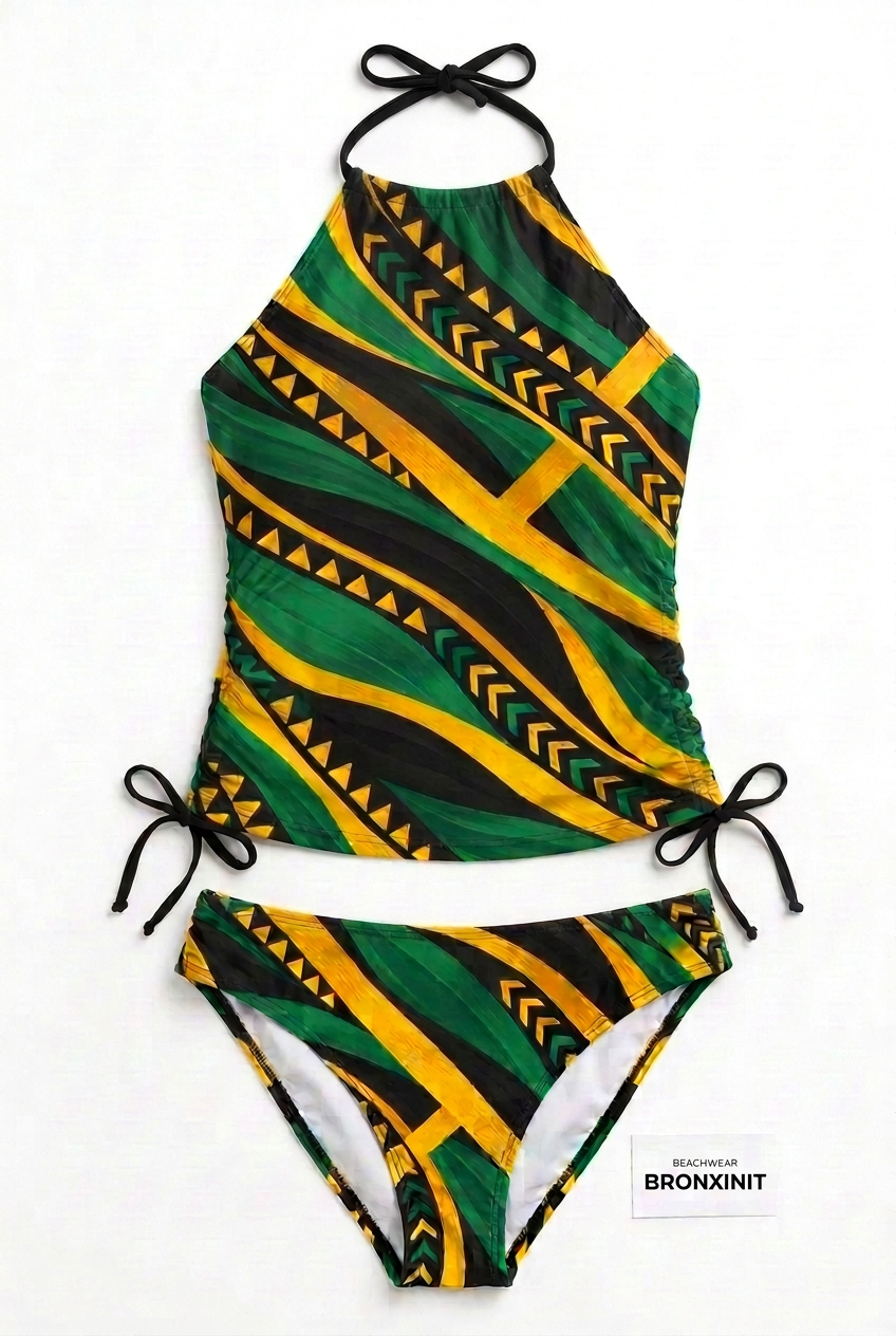 Jamaica Rhythm Halter Tankini Set – Green, Gold & Black Two-Piece Swimsuit 🇯🇲