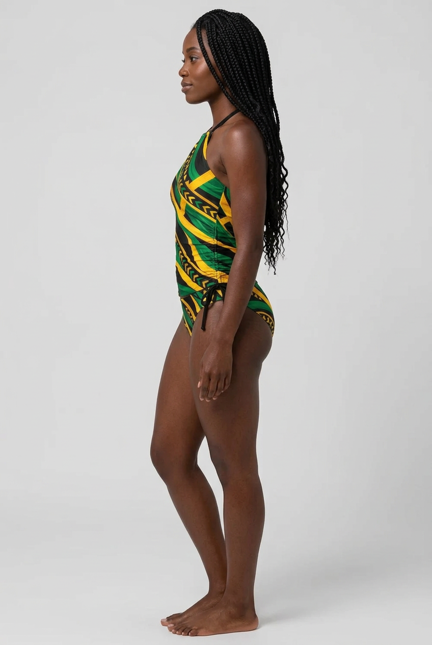 Jamaica Rhythm Halter Tankini Set – Green, Gold & Black Two-Piece Swimsuit 🇯🇲