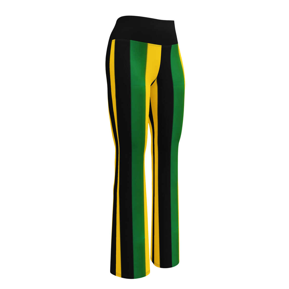 Black green and gold Jamaican workout leggings with flare leg