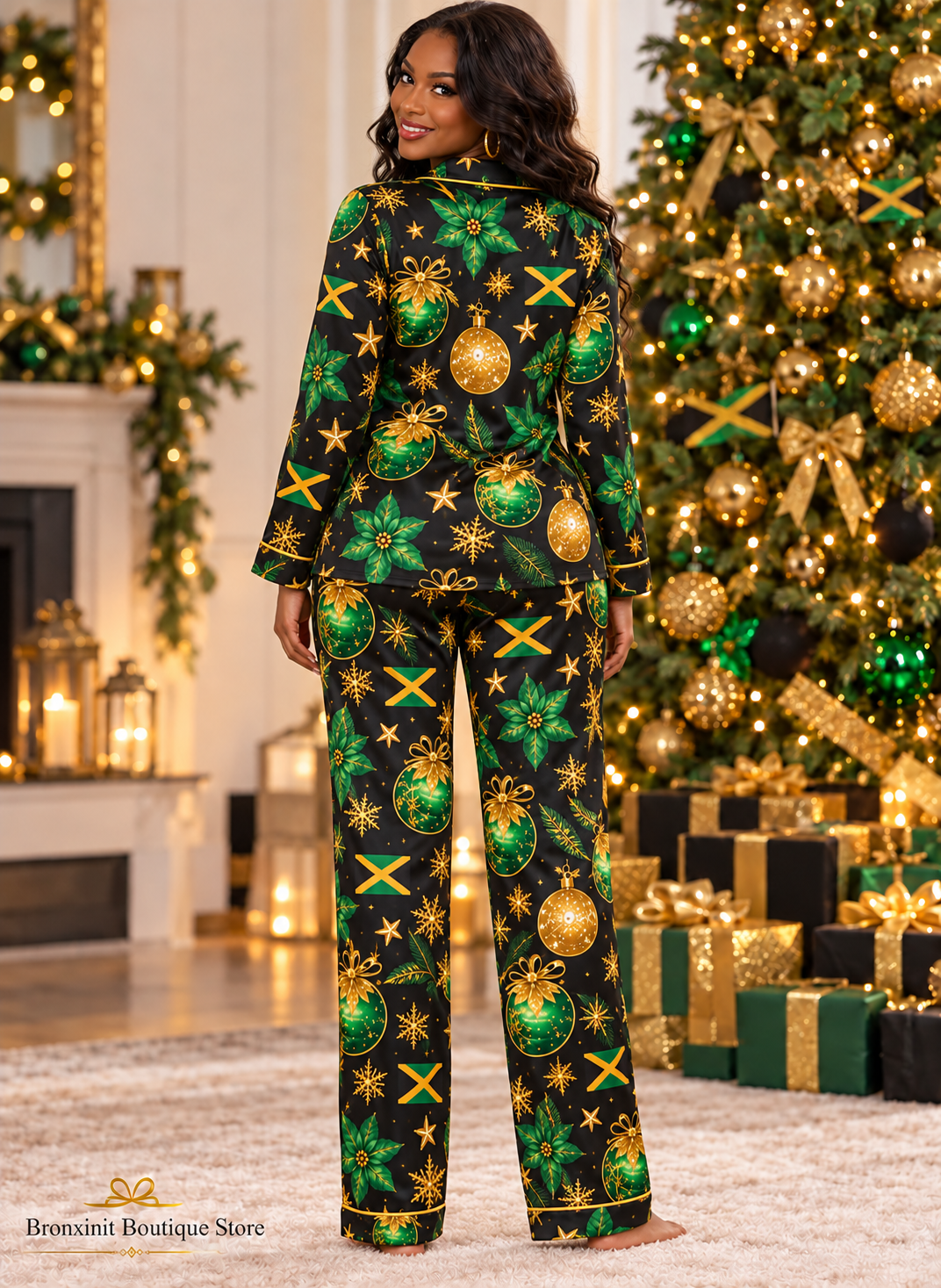 Jamaica Christmas Satin Pajama Set – Black Green & Gold Holiday Sleepwear, Jamaican Gift for Her