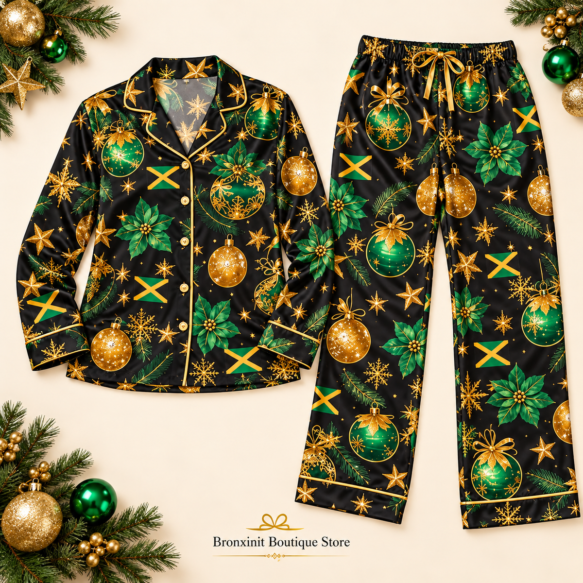 Jamaica Christmas Satin Pajama Set – Black Green & Gold Holiday Sleepwear, Jamaican Gift for Her
