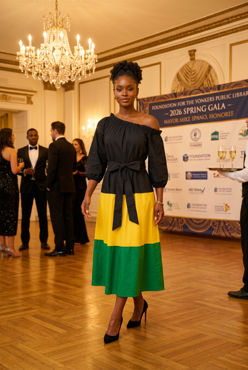 A woman stands in a formal indoor event space wearing a black off-the-shoulder midi dress with a tied waist and a skirt section in bright yellow and green blocks. The background shows other guests, a chandelier, and a sponsor banner for the Foundation for the Yonkers Public Library 2026 Spring Gala.