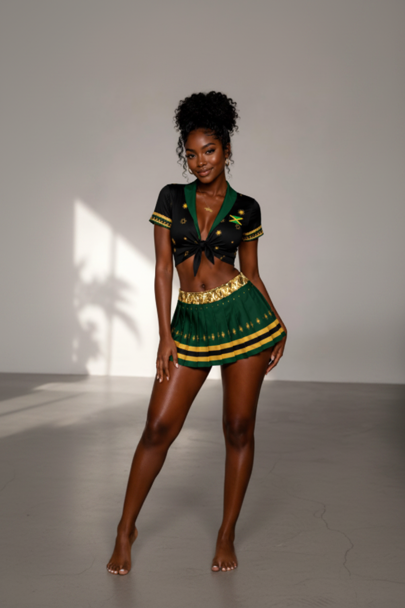 A woman modeling a black and green two-piece outfit with gold trim, featuring a short-sleeve crop top with a front tie and a matching pleated mini skirt with gold star patterns.