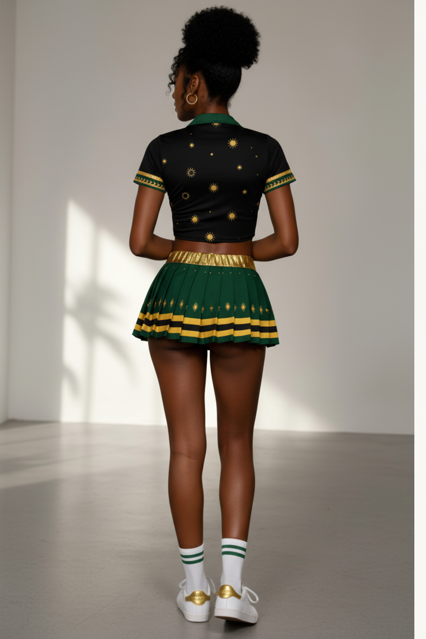 A woman modeling a short-sleeve black crop top and pleated green skirt set with gold star patterns and gold trim, shown from the back against a plain light gray studio background.