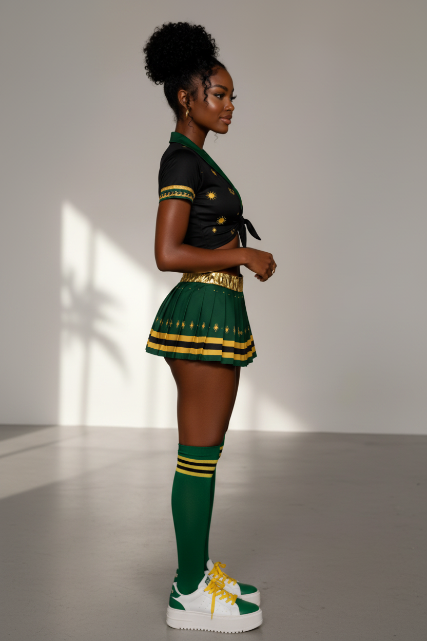 A woman modeling a black and green cheerleader-style outfit with gold accents, featuring a short-sleeve crop top and pleated mini skirt, posed against a plain light gray studio background.