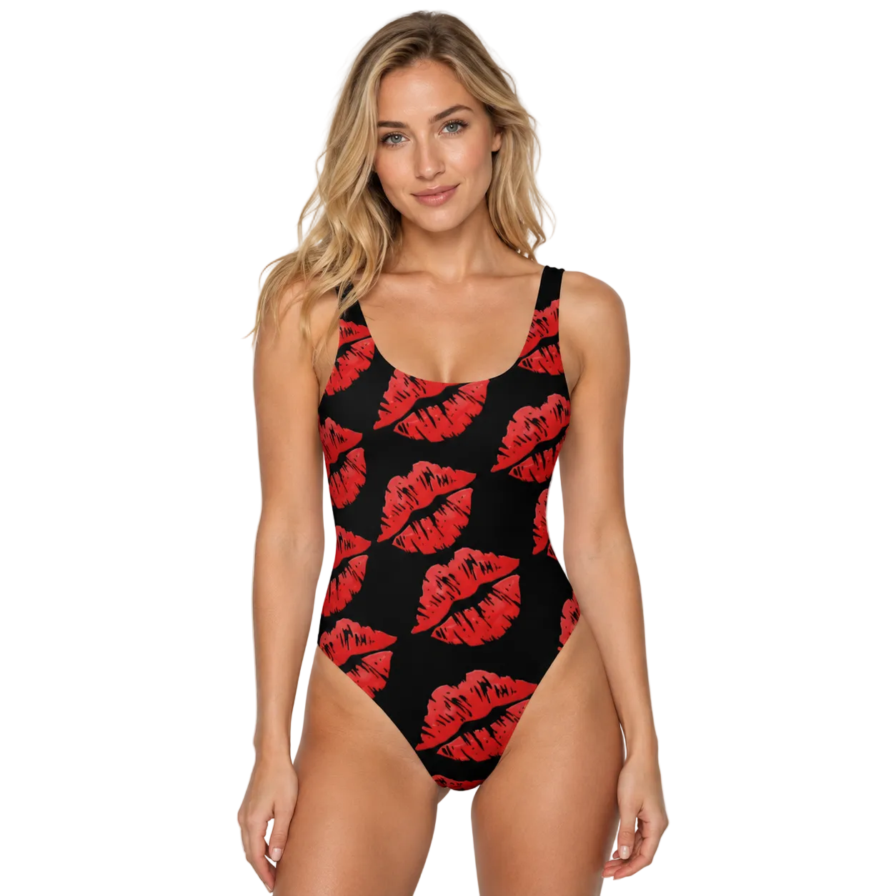 A woman modeling a one-piece swimsuit with a black base and a repeating red lip print, photographed against a plain white studio background.