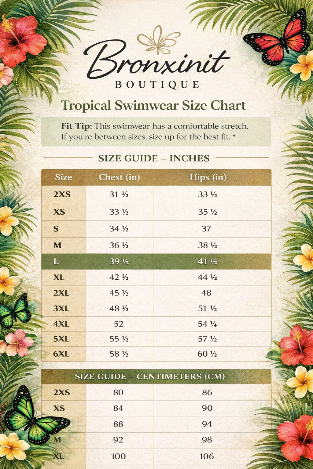 Tropical swimwear size chart with floral and butterfly designs on a white background
