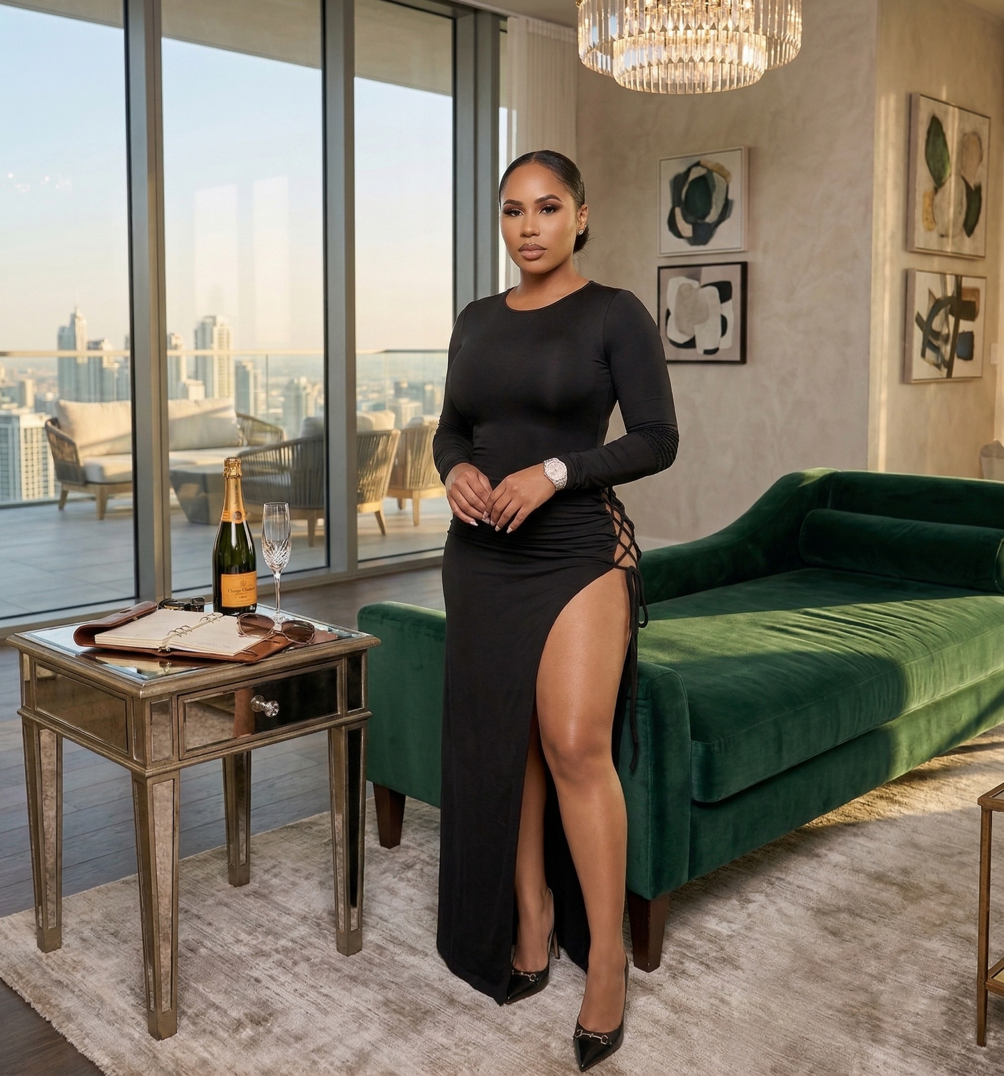 Woman in a black dress standing in a stylish living room with a city view.