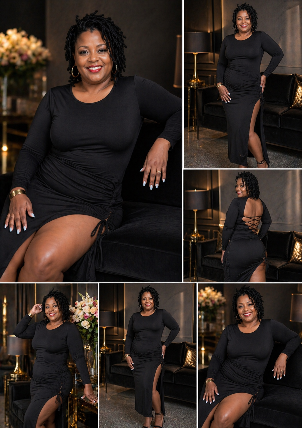 Collage of a woman in a black dress posing in various settings.