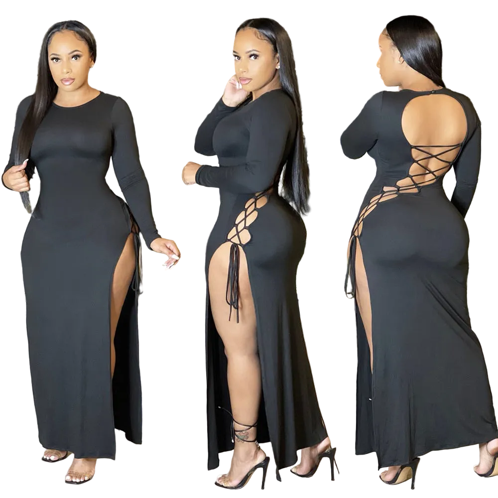 Multi view of a woman wearing a long sleeve sexy black dress with cutout details.