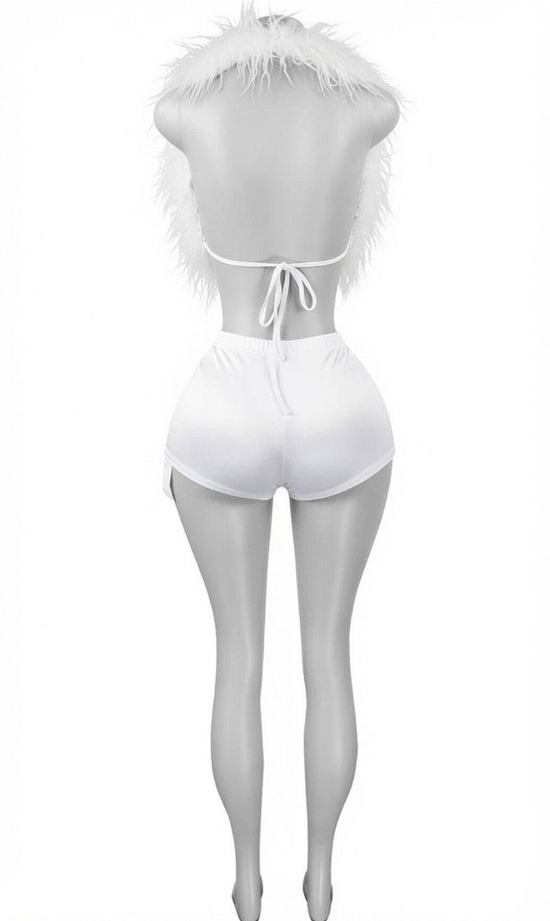 White feathered top and shorts set on a mannequin against a white background