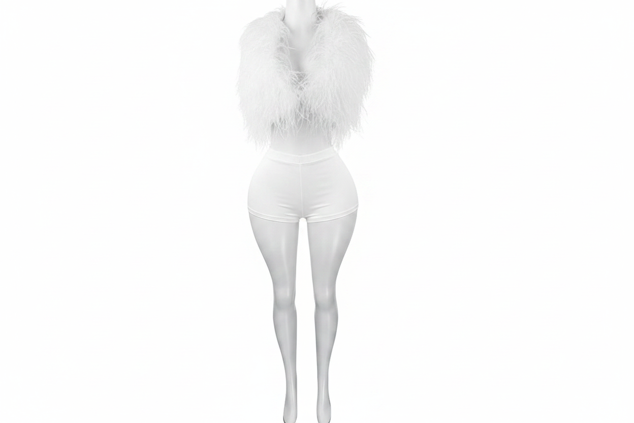 White outfit set with feathered shoulder details on a white background
