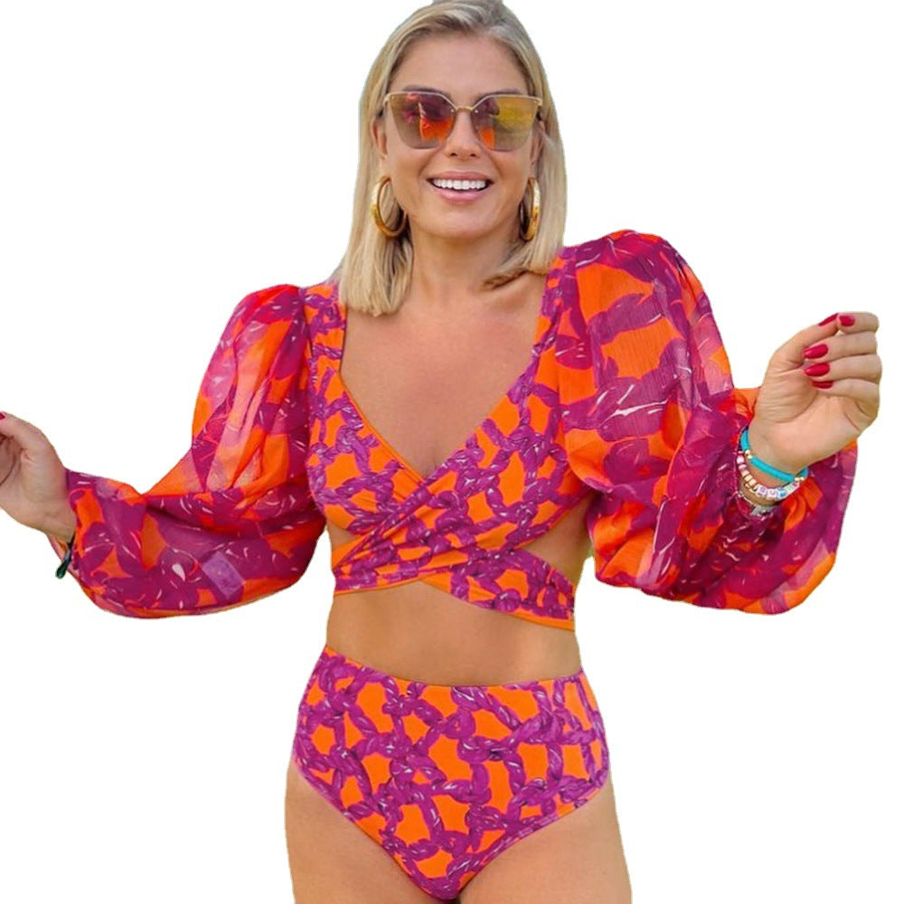 High waisted long sleeve swimwear, wrap around bikini set, puff sleeve swimsuit, orange and purple tropical swimwear, Bronxinit Boutique luxury swimwear.