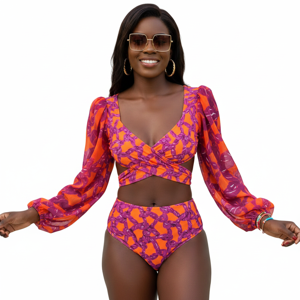 Woman wearing a colorful patterned swimsuit on a white background