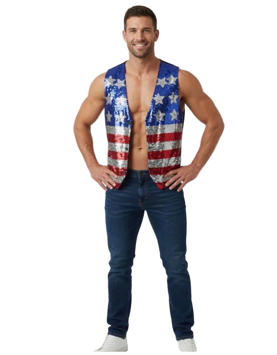 Man wearing a sleeveless shirt with an American flag design on a white background