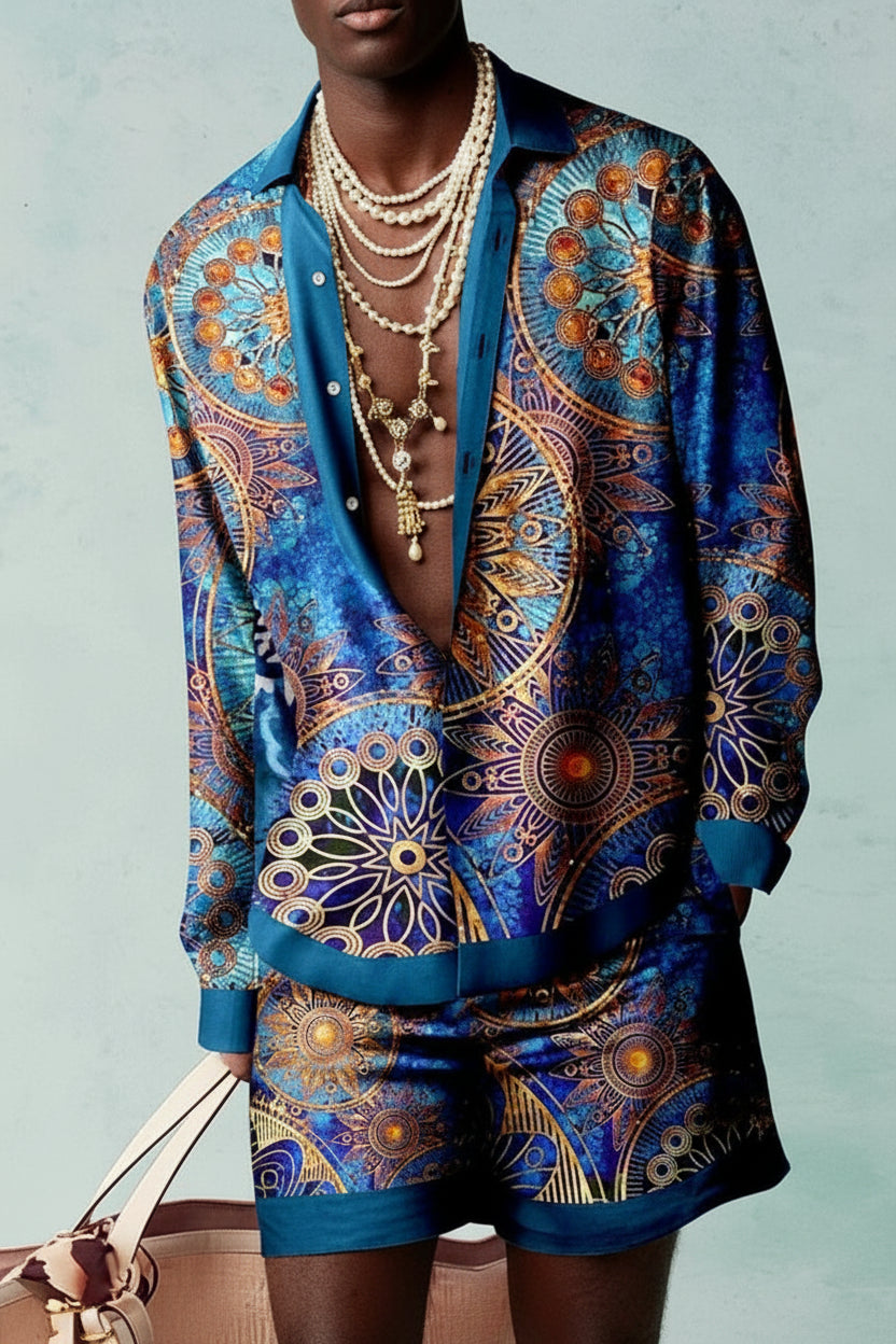 Person wearing a blue patterned outfit with a plain background