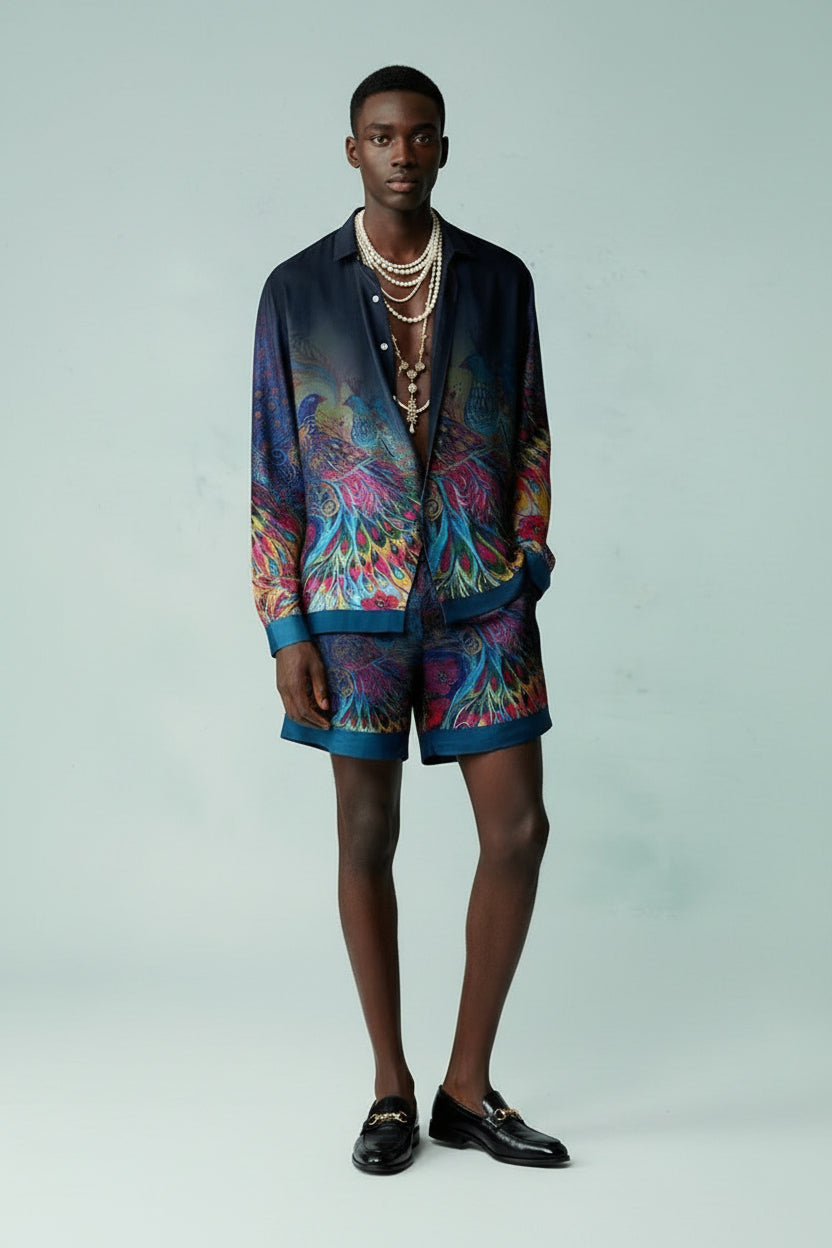Person wearing a colorful patterned outfit with a plain background