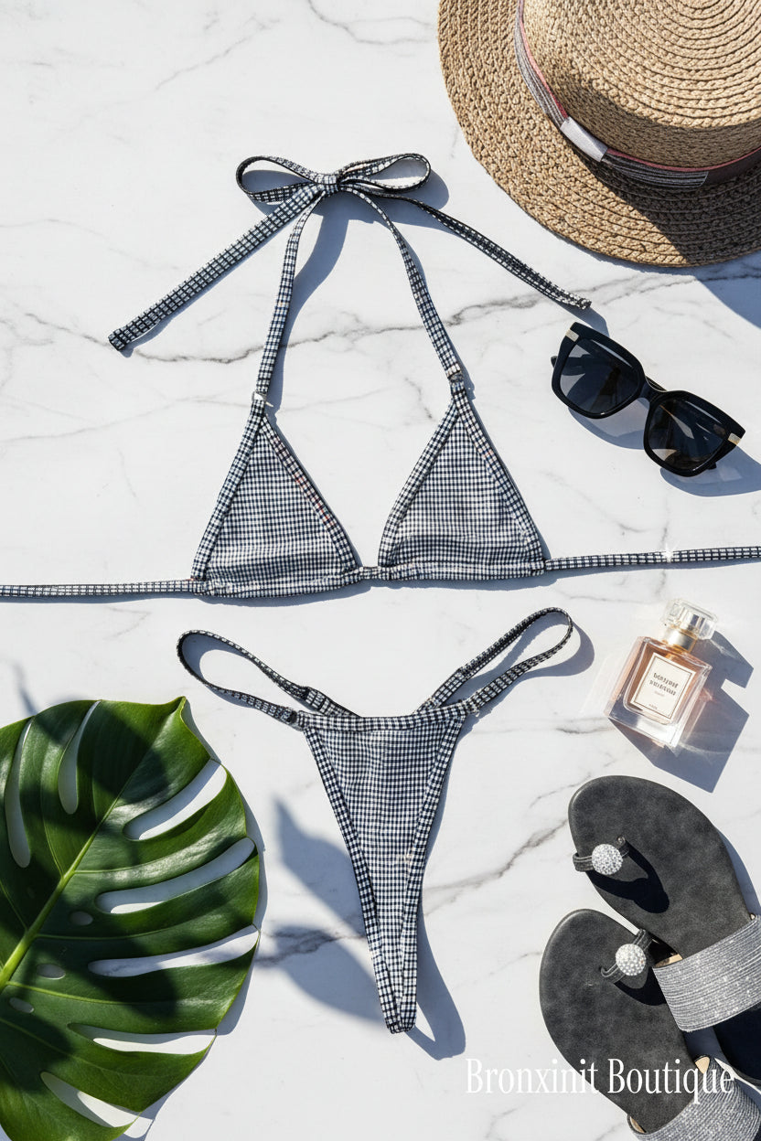 Bikini set with leopard print pattern on a marble background