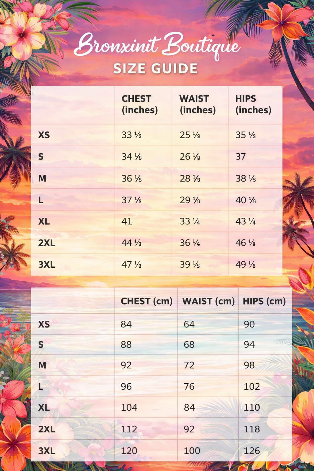 A size guide chart for Bronxinit Boutique, displaying sizing information in both inches and centimeters for sizes XS through 3XL, with a tropical floral and sunset background.