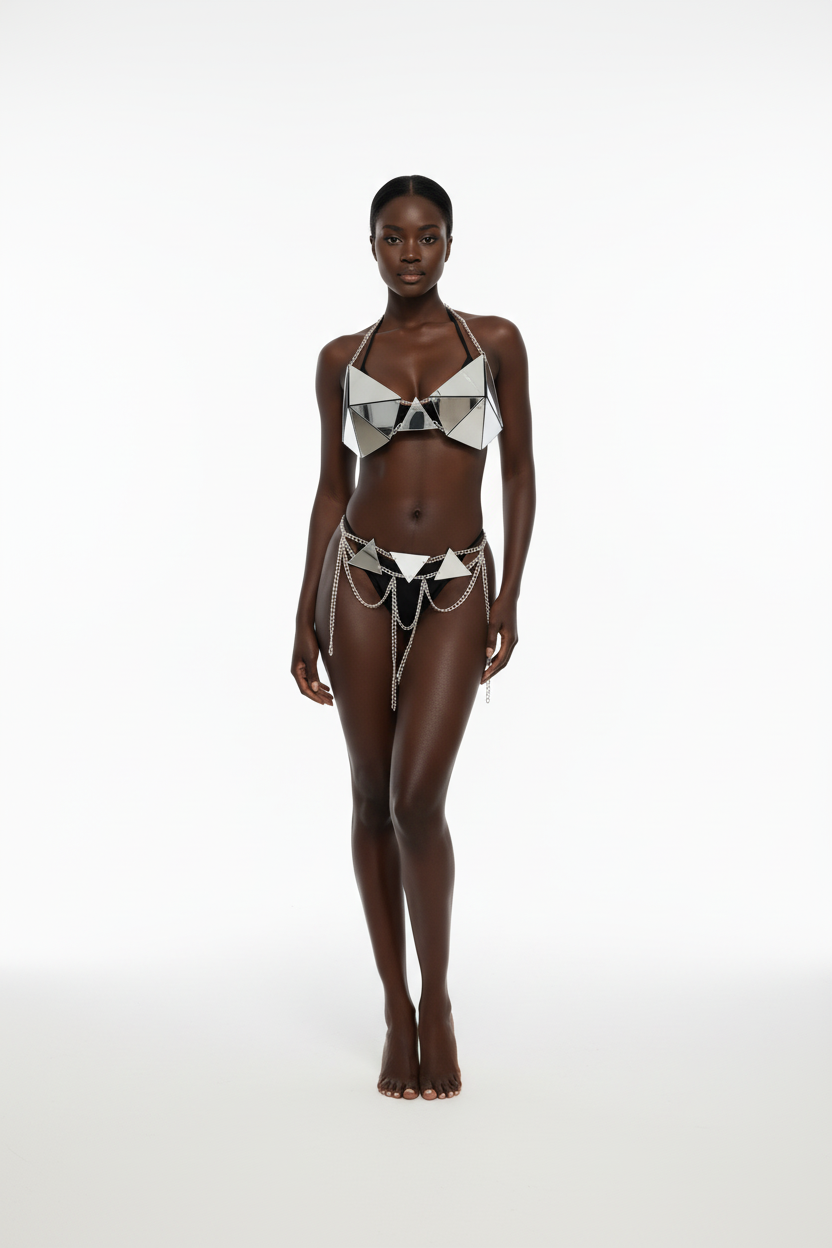 Model wearing a geometric-patterned bikini set on a white background