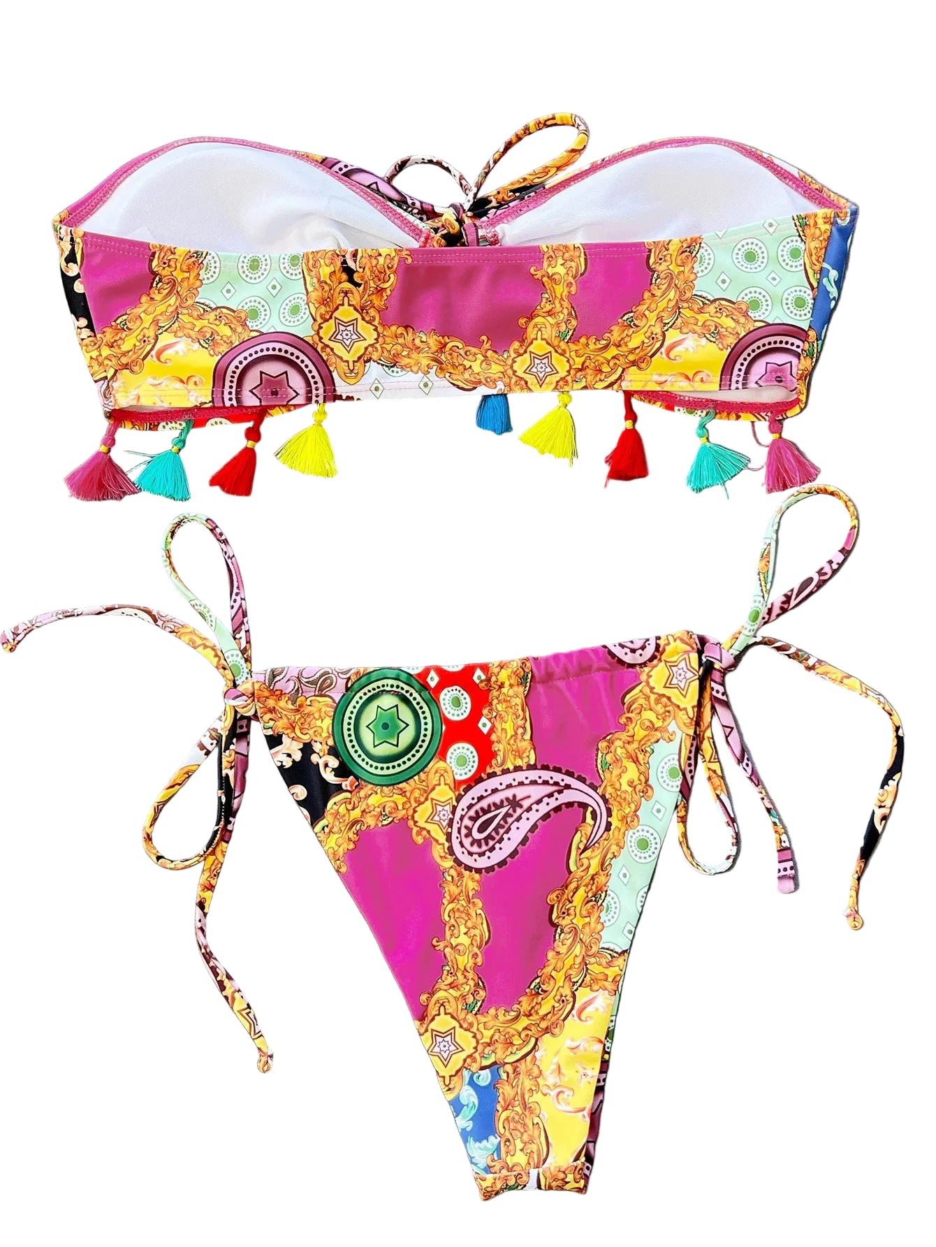 Colorful bikini set with tassels on a white background