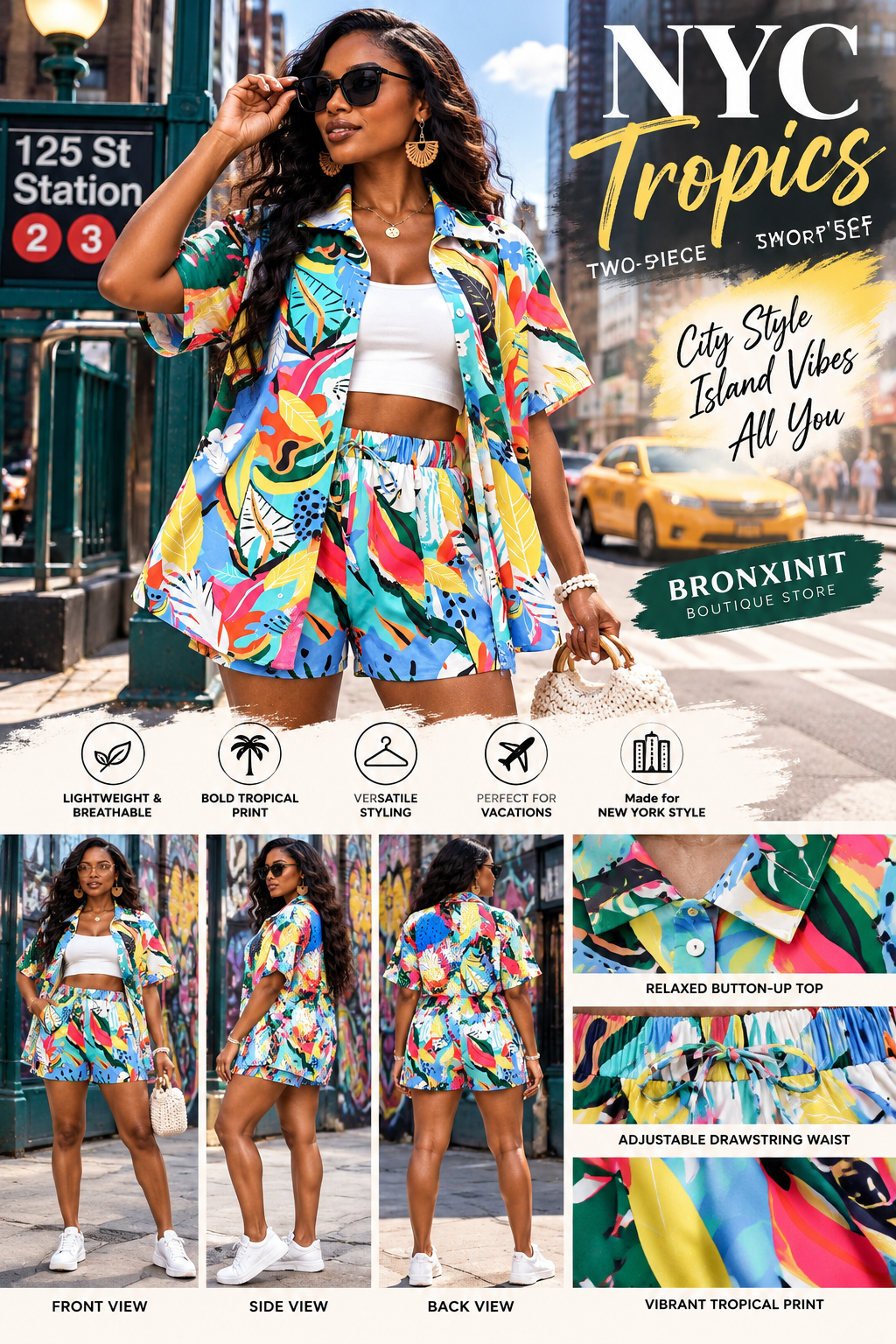 NYC Tropics Two-Piece Short Set – Women’s Tropical Print Button-Up Shirt & Shorts