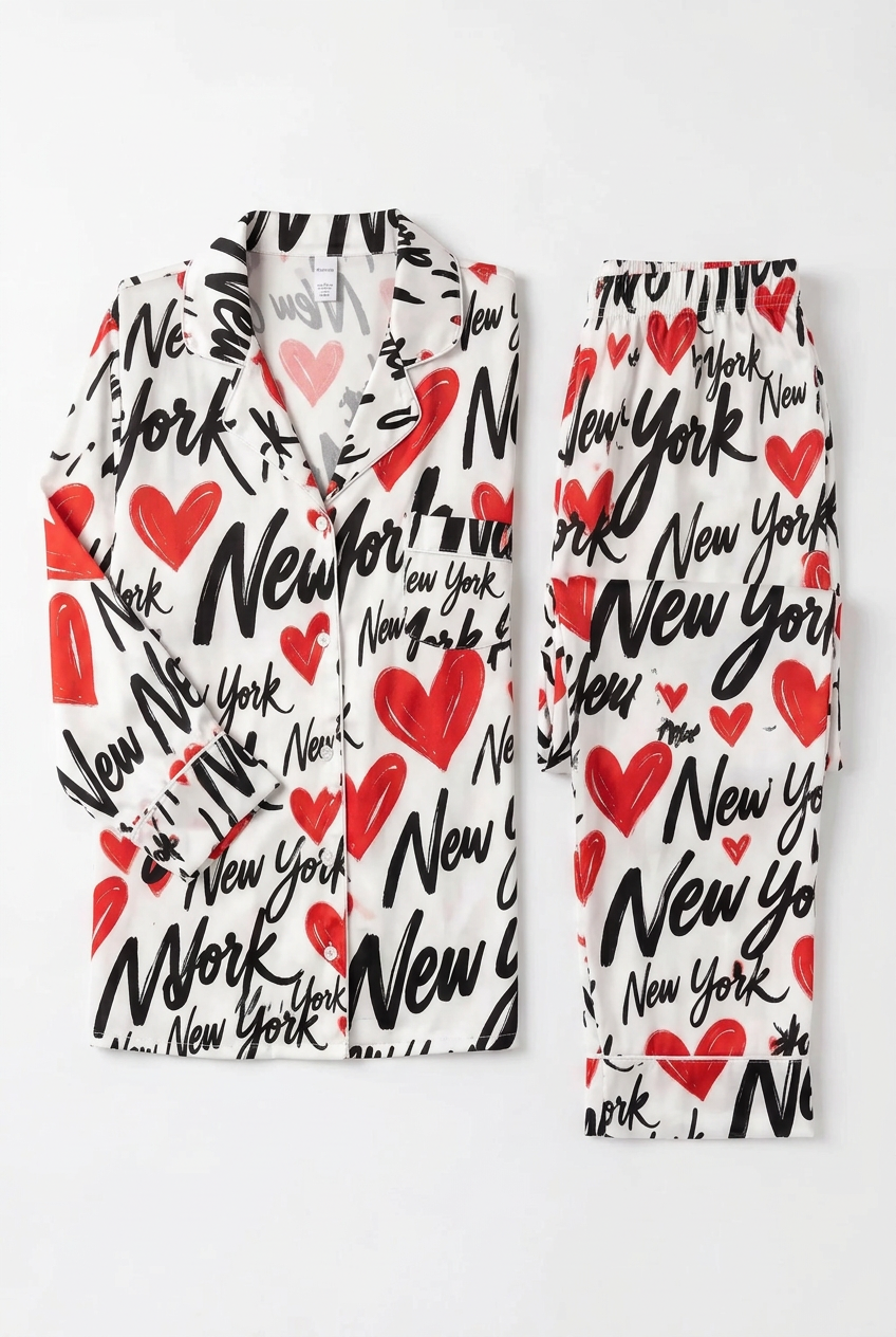 New York Love Affair Women’s Pajama Set, NYC Heart Print Long Sleeve Sleepwear, New York City Gift for Her, Matching Pajamas