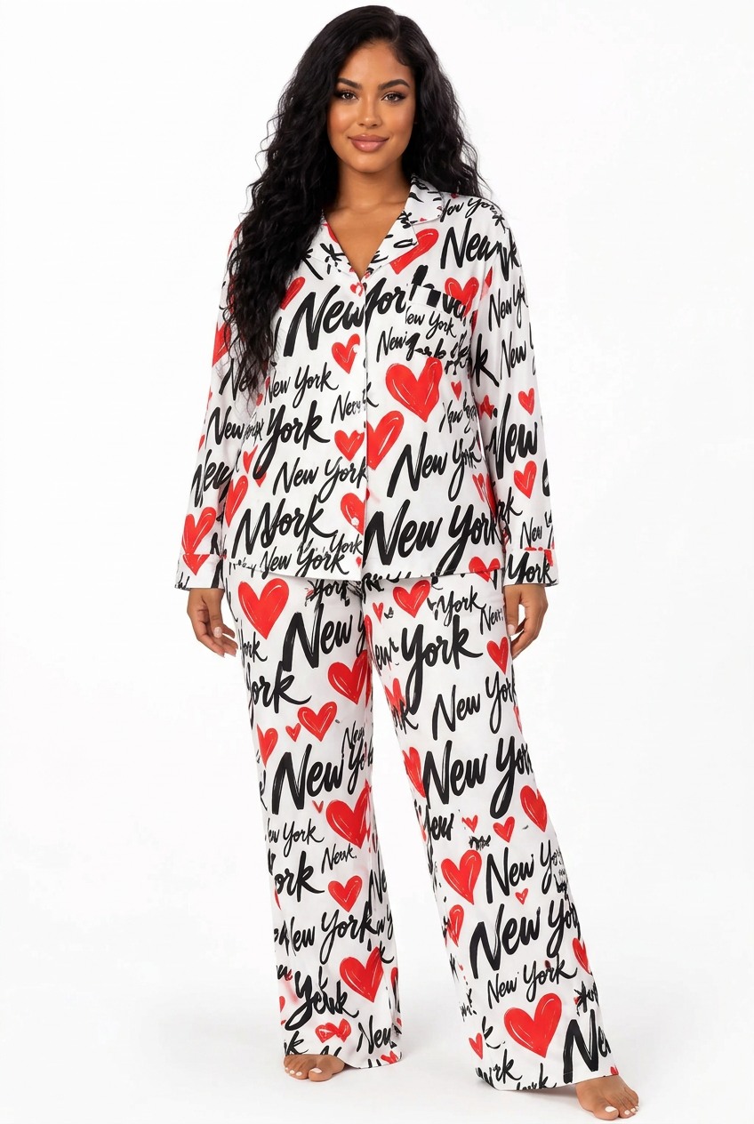 New York Love Affair Women’s Pajama Set, NYC Heart Print Long Sleeve Sleepwear, New York City Gift for Her, Matching Pajamas