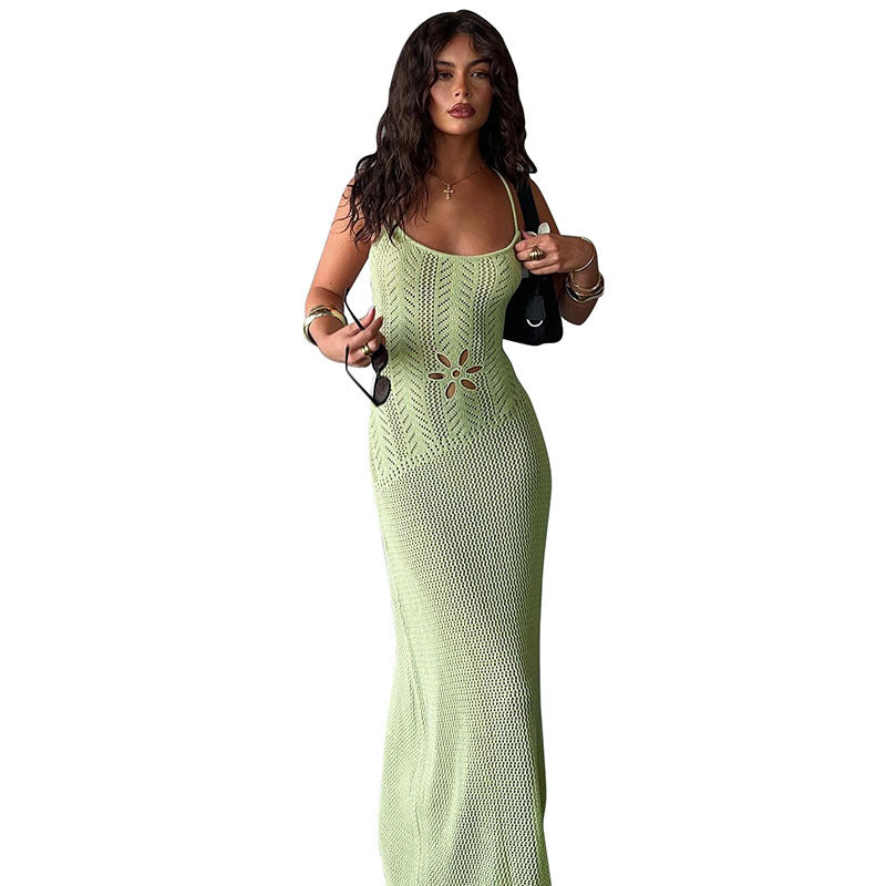 Sexy Beach Coverup Backless Knitted Hollow Sheath Dress