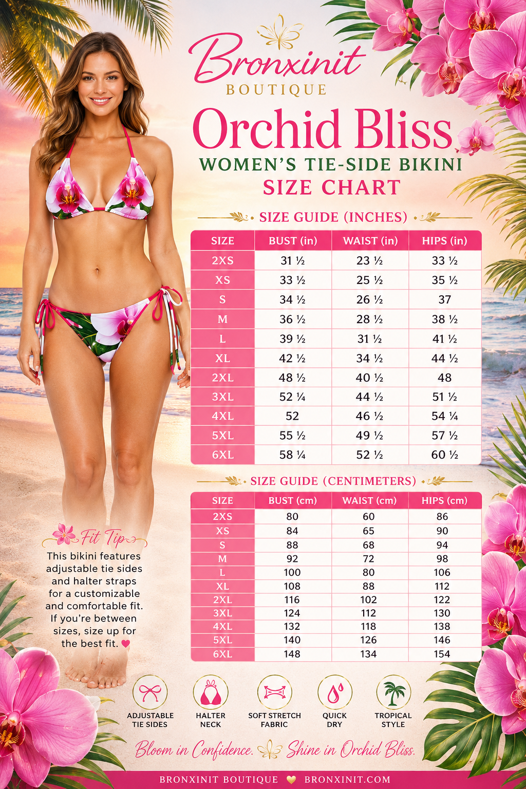 A size chart graphic for the 'Orchid Bliss' women's tie-side bikini by Bronxinit Boutique, featuring a model wearing the pink and yellow bikini on the left and a detailed size table on the right with height and weight conversions.