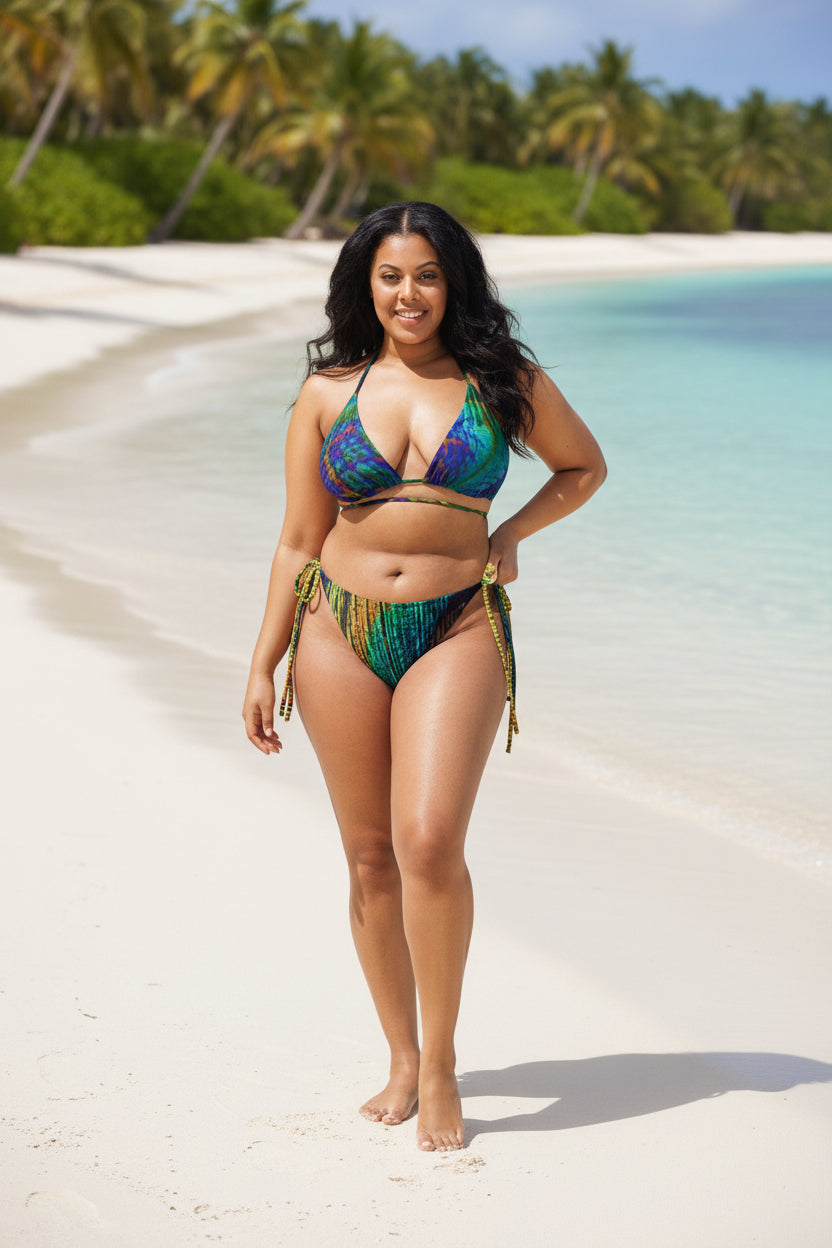 A woman stands on a tropical beach wearing a colorful bikini with a blue, green, and purple patterned top and matching tie-side bottoms. The background shows white sand, turquoise water, and palm trees.