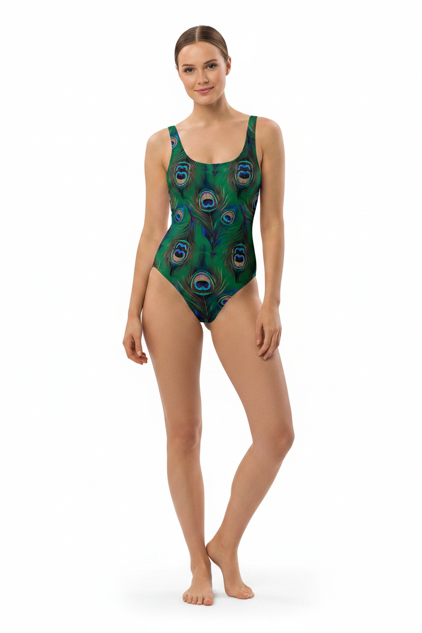 A woman modeling a one-piece swimsuit with a green and blue peacock feather pattern against a plain white background.