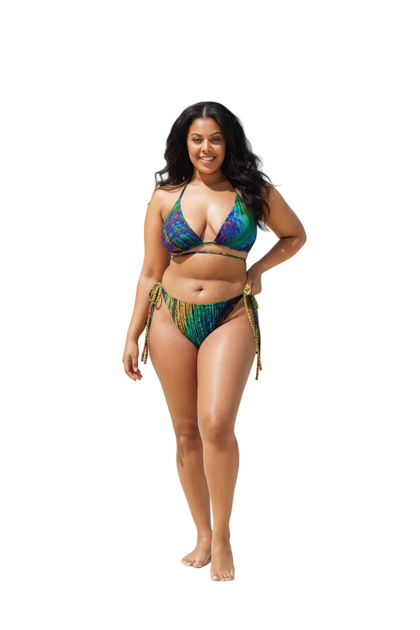 A woman modeling a two-piece bikini with a vibrant green, blue, and purple pattern, standing against a solid white background.